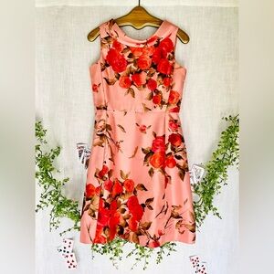 Vintage ❉ Rolled Wing Collar A-line Sleeveless Dress Peach Rose Print 10 Petite